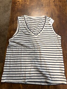 J. Crew White and Navy Striped V-Neck Slub Cotton Tank